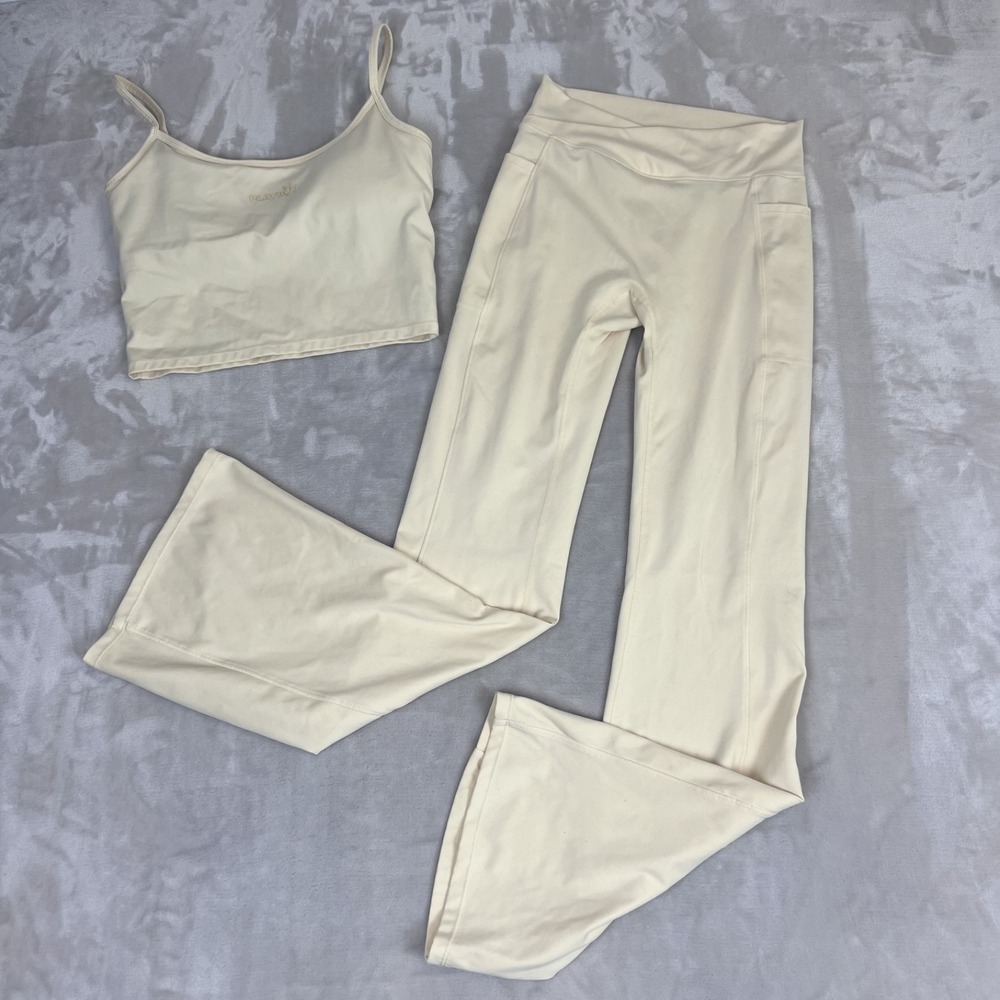 Playboy 2 PC Matching Set Womens M/L Yellow Crop‎ Tank & Flare Pants Y2K Active
